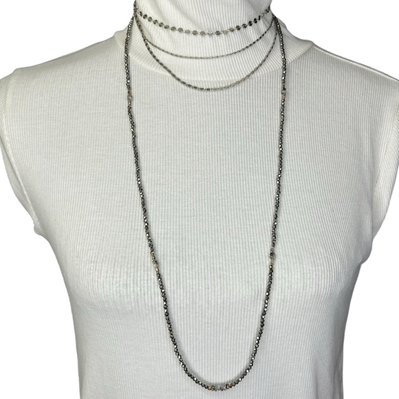 Nakamol Beaded Multi-Strand Choker Gunmetal Stone Silver Tone - Picture 1 of 7